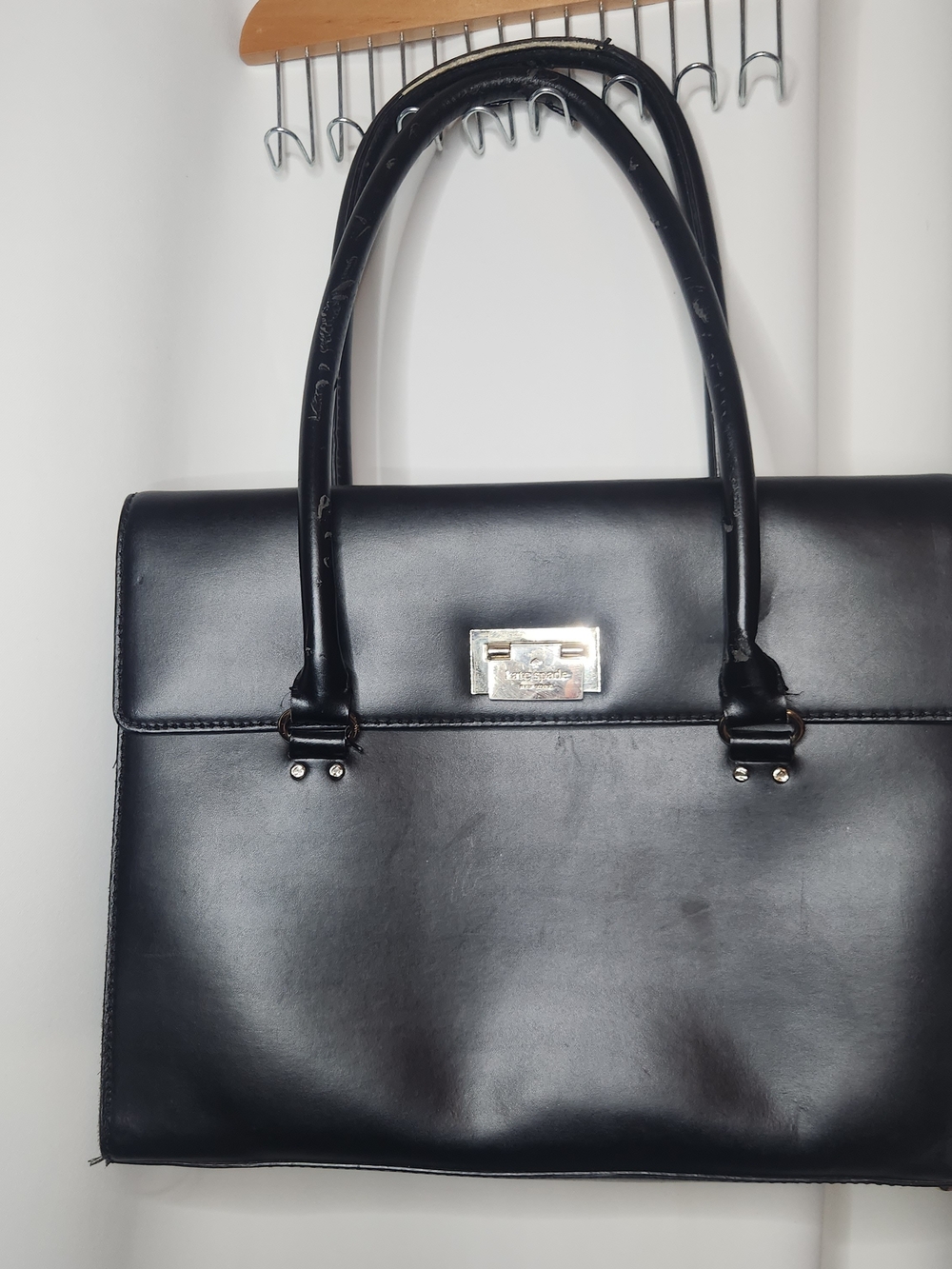 kate spade Black Leather Tote with Silver-Tone Lock